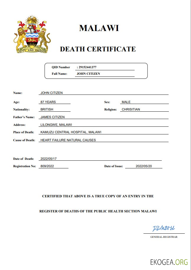 Modèle Word et PDF de certificat de décès de l'état civil du Malawi